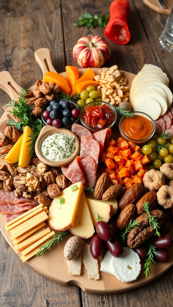 Creative Themed Charcuterie Board Ideas A themed charcuterie board with meats, cheeses, fruits, and nuts, beautifully arranged on a wooden table.